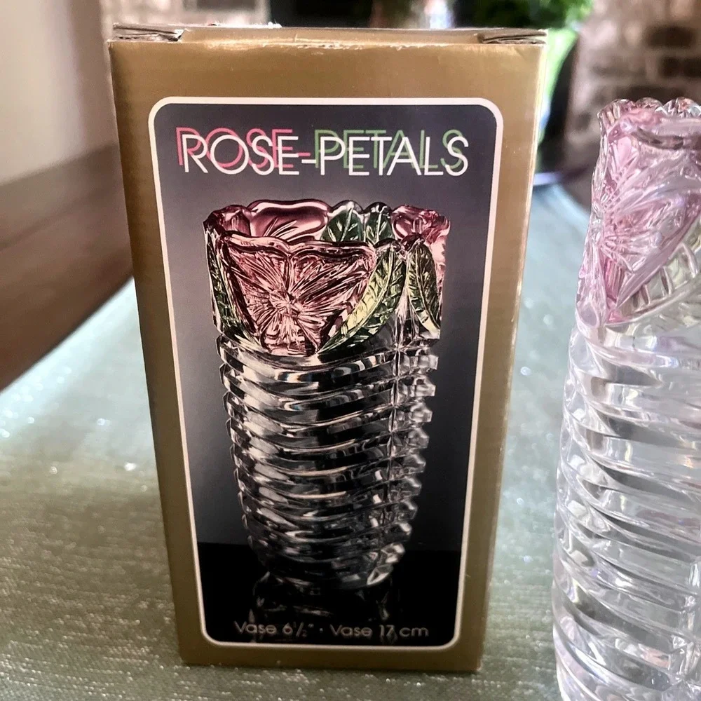 Anna Hutte 24% Lead Crystal Hand Painted Rose Crystal Vase~Germany Vintage